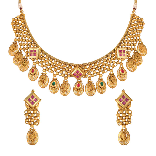 Women's 18K Gold Plated Traditional Brass Jewellery Set Glided with Uncut Polki Kundan - I Jewels