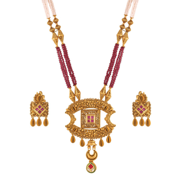 Women's 18K Gold Plated Traditional Long Beaded Brass Jewellery Set with Uncut Polki Kundan - I Jewels