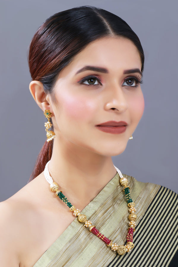 Women's 18K Gold Plated Long Emerald Green Multi String Brass Necklace Set With Earrings - I Jewels