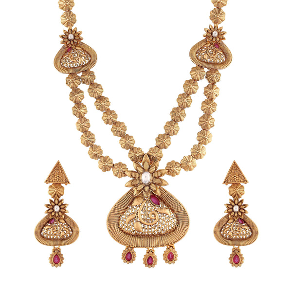 Women's 18k Gold Plated Traditional Long Brass Jewellery Set With Earrings - I Jewels