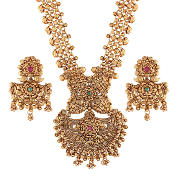 Women's 18k Gold Plated Traditional Long Brass Jewellery Set With Earrings - I Jewels