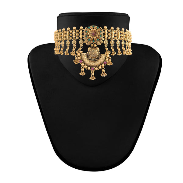 Women's 18k Gold Plated Traditional Choker Brass Jewellery Set With Earrings - I Jewels