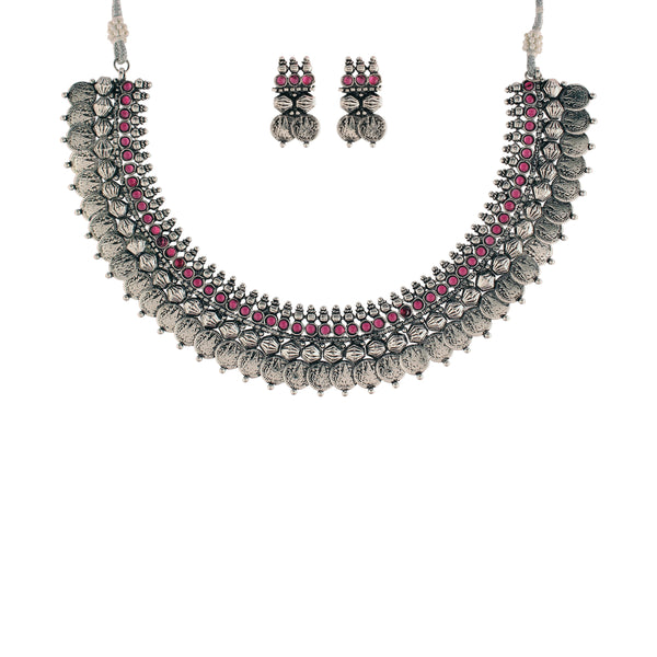 Women's 18K Rhodium Plated Traditional South Indian Stylish Necklace With Earrings. - I Jewels