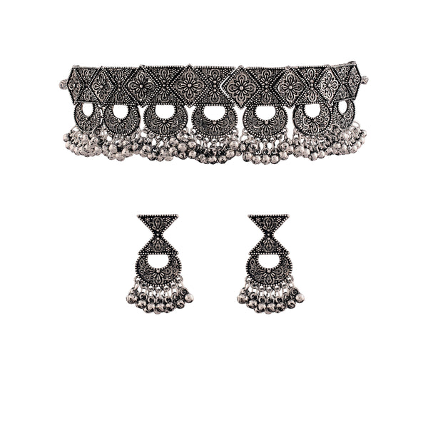 Women's Oxidised Silver Plated Afghani Choker Necklace Jewellery Set - I Jewels