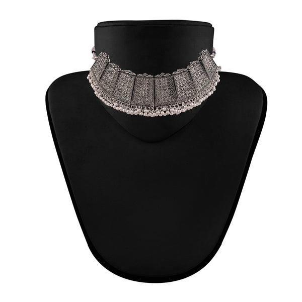 Women's Oxidised Silver Plated Afghani Choker Necklace Jewellery Set - I Jewels