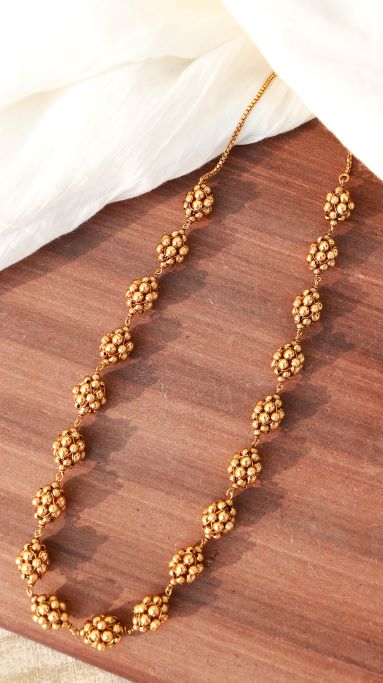 Women's  18k Antique Gold Plated South Indian Beads Mala Ball Chain Necklace  - I Jewels