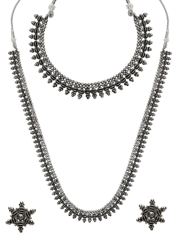 Women's 18K Silver Oxidised Traditional Style Necklace With Choker & Earrin - I Jewels