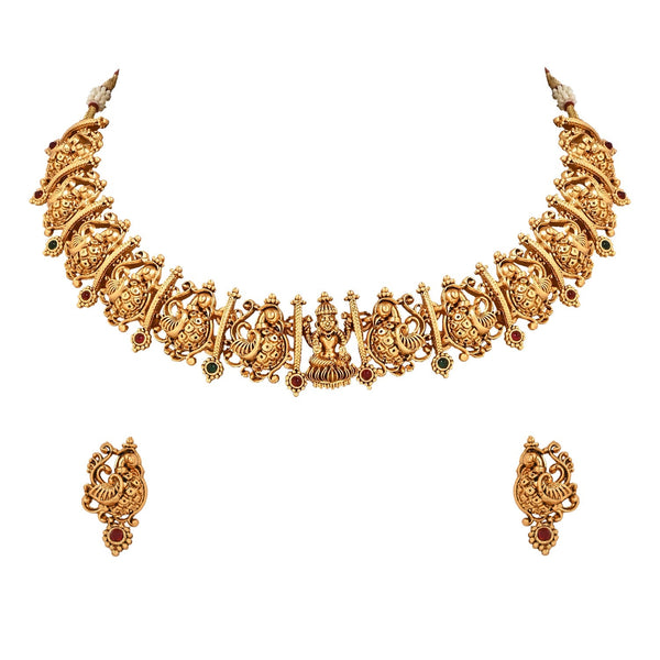 Women's Gold Plated Traditional Temple Choker Necklace Jewellery With Earrings Set  - I Jewels