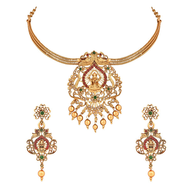 Women's Gold Plated Traditional Temple Choker Necklace Jewellery With Earrings Set  - I Jewels