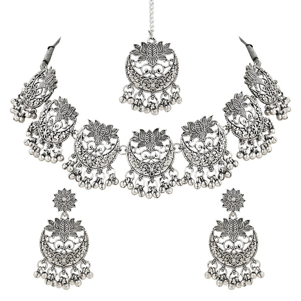 Women's Antique Silver Oxidized Ethnic Traditional Afghani Choker Necklace Jewellery Set  - I Jewels