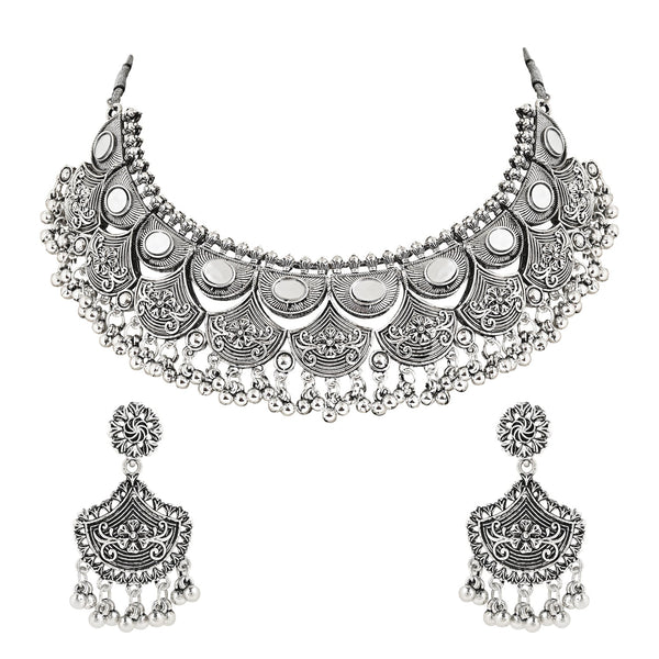 Women's Antique Silver Oxidized Ethnic Traditional Afghani Choker Necklace Jewellery Set  - I Jewels