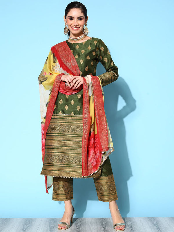 Olive Green Poly Silk Gold Printed Kurta Pant Set With Dupatta