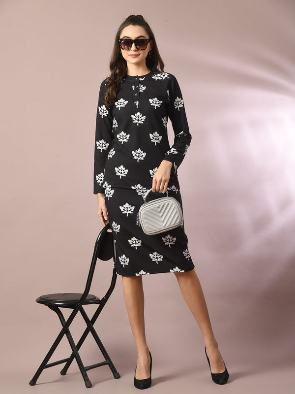 Women's  Black Printed Round Neck Party Top With Skirt Co-Ord Set  - Myshka