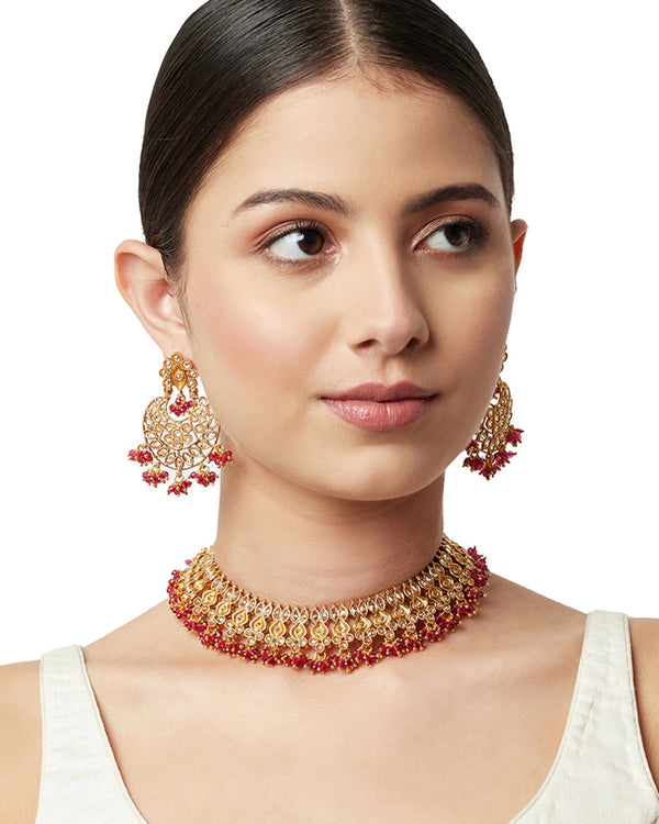 Women's Gold Opulence Red And Golden Traditional Jewellery Set - Voylla