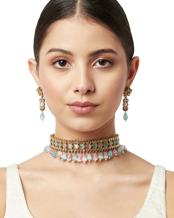 Women's Gold Oppulence Gold Finish Pastel Coloured Choker Jewellery Set - Voylla