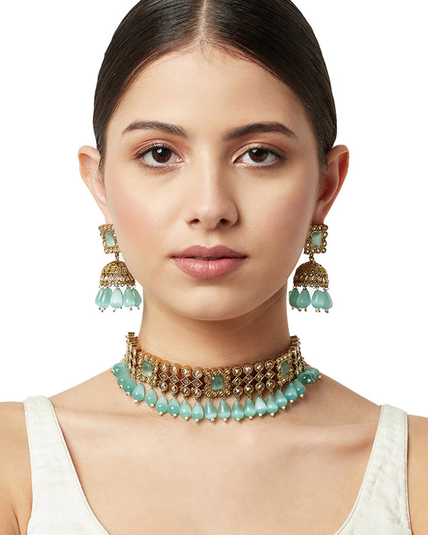 Women's Polki And Blue Gemstones Gold Plated Necklace With Earrings - Voylla