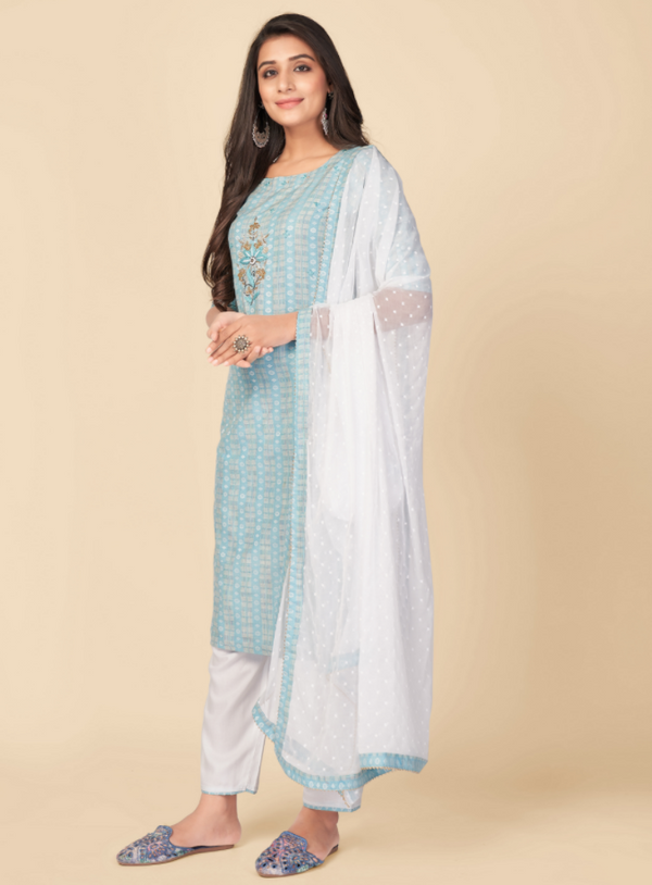 Women's Printed & Hand Work Straight Cotton Sky Blue Kurta Pant With Dupatta (3Pcs Set) - Vbuyz