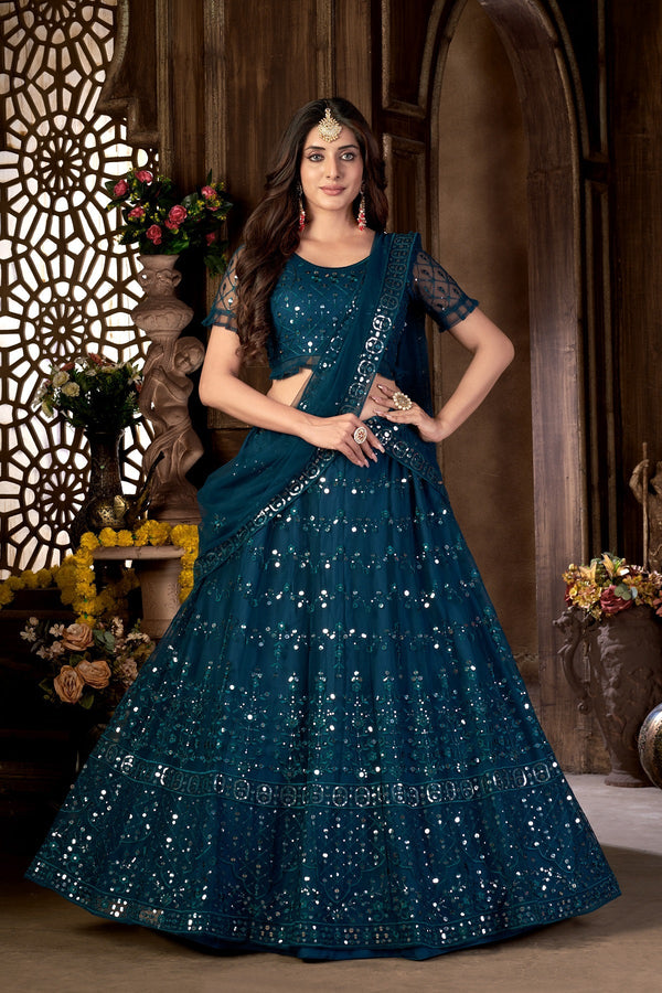 Women's Blue Net Heavy Multi Embroidered Lehenga Choli Set - Dwija Fashion