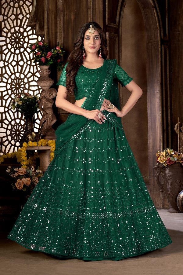 Women's Green Net Heavy Multi Embroidered Lehenga Choli Set - Dwija Fashion