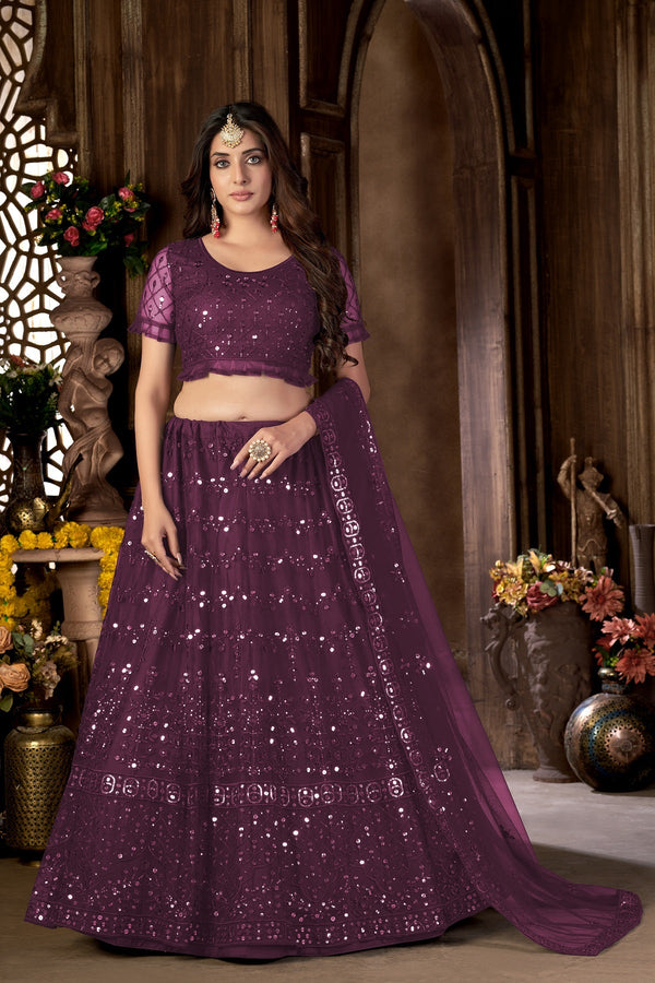 Women's Purple Net Heavy Multi Embroidered Lehenga Choli Set - Dwija Fashion