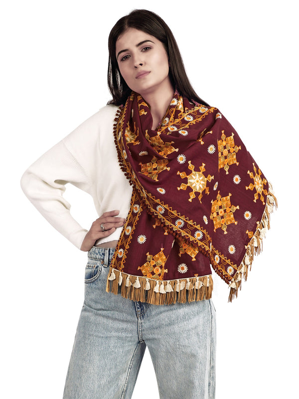 Women's Deep Wine Snow Flake Woollen Embroidered Khadi Muffler - MESMORA FASHION