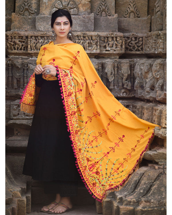 Women's Mustard Floral Aari Embroidered Khadi Shawl/Dupatta With Wine Cotton Tassel Lace - MESMORA FASHION