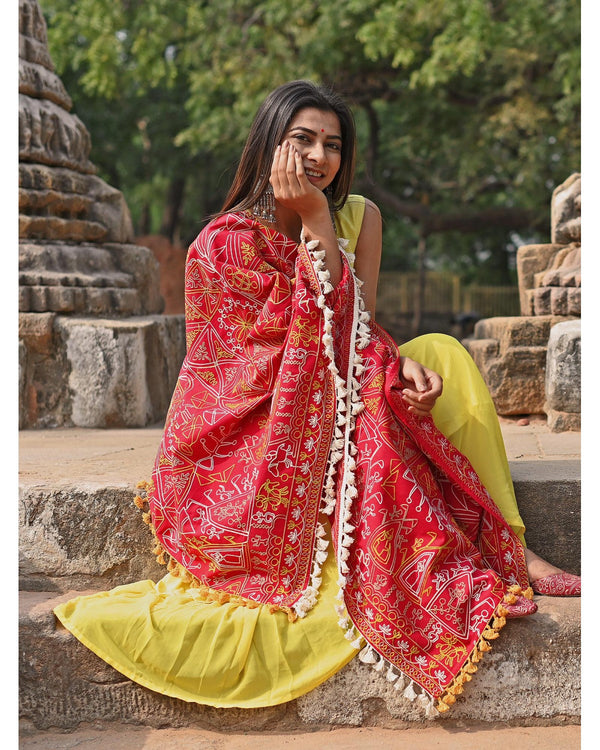 Women's Red Tribal Motif Aari Embroidered Khadi Shawl/Dupatta With Lemon Cotton Lace - MESMORA FASHION