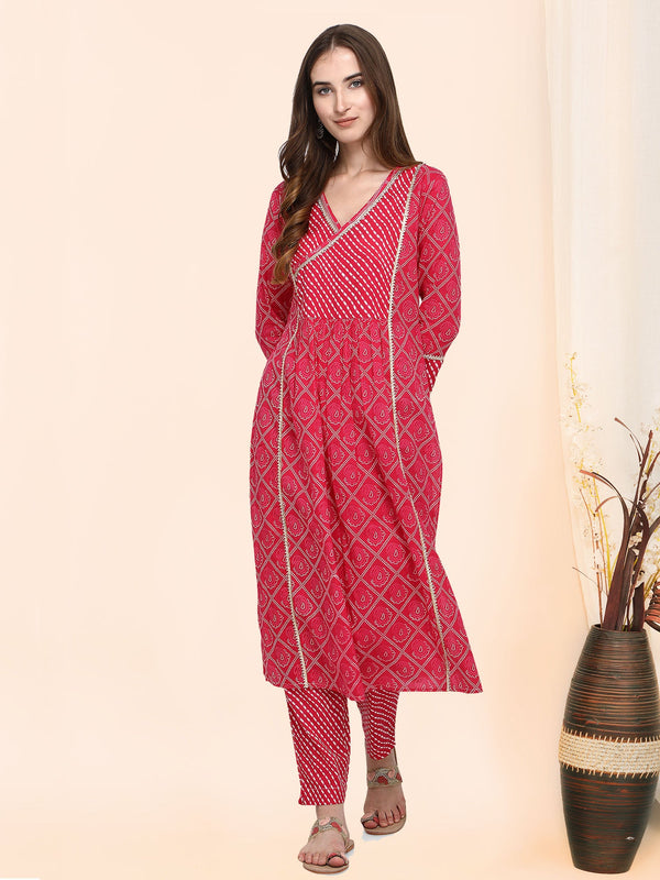 Women's Traditional Bandhani Printed Kurta Set with Gota(3Pieces) - MESMORA FASHION