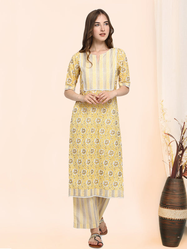 Women's Yellow Poppin Flower Foil Printed Kurta Set(2Pieces) - MESMORA FASHION