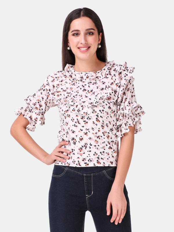 Women's Off White Animal Printed Ruffle Only Top - MESMORA FASHION