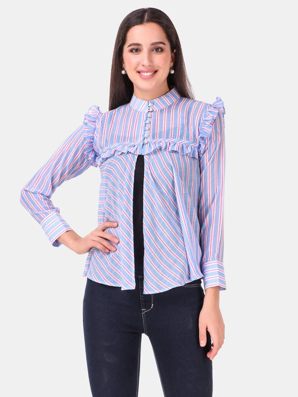 Women's Blue Stripe Soft Cotton High Neck Only Top - MESMORA FASHION