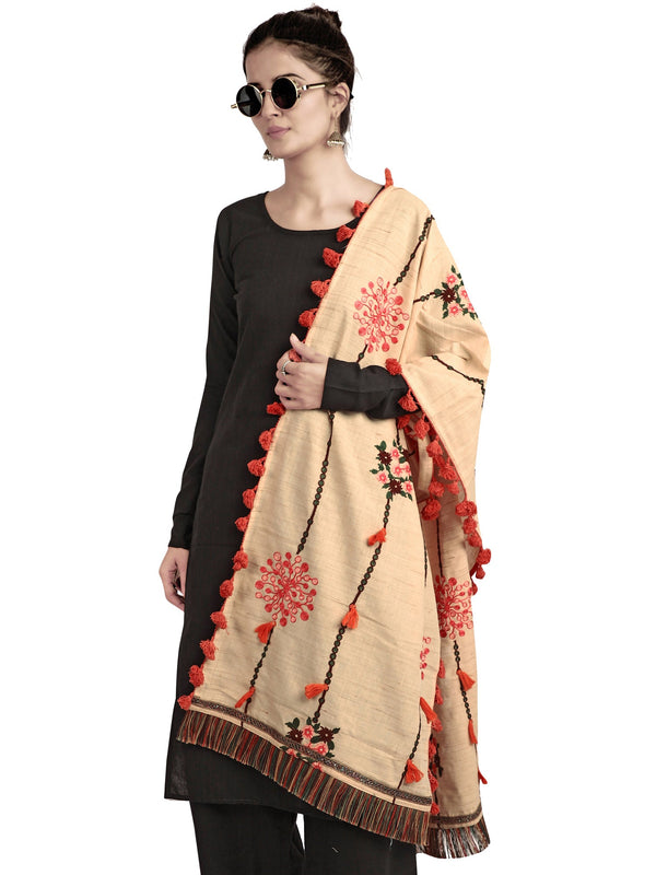 Women's Beige Slub Khadi Floral Embroidered festive Dupatta - MESMORA FASHION