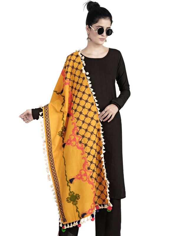 Women's Mustard Temple Embroidered Linen Festive Dupatta - MESMORA FASHION