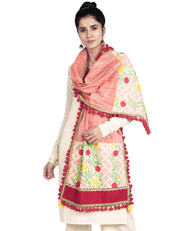 Women's Peach Floral Embroidered Linen Festive Dupatta - MESMORA FASHION