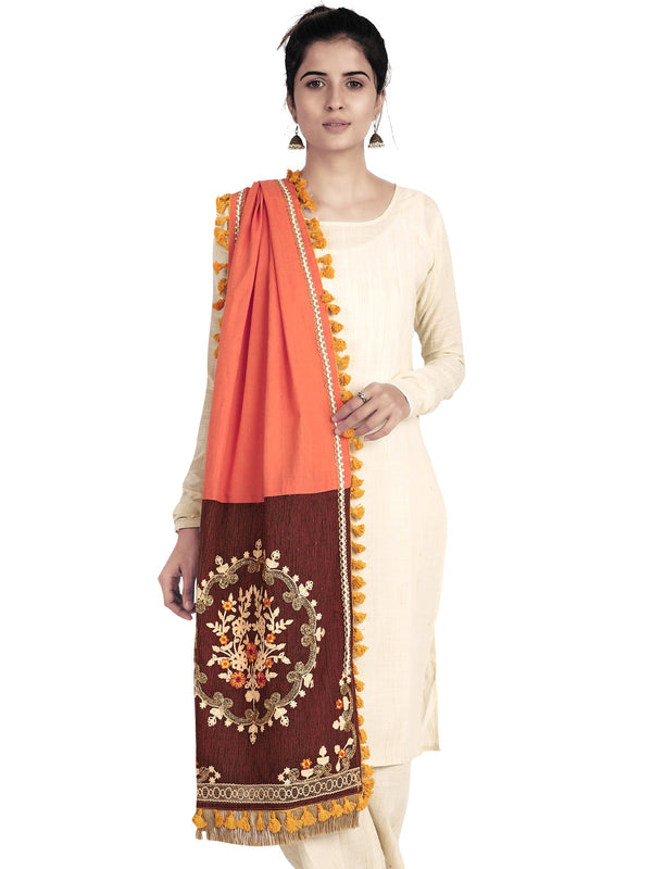 Women's Peach Embroidered Panel Khadi Festive Dupatta - MESMORA FASHION