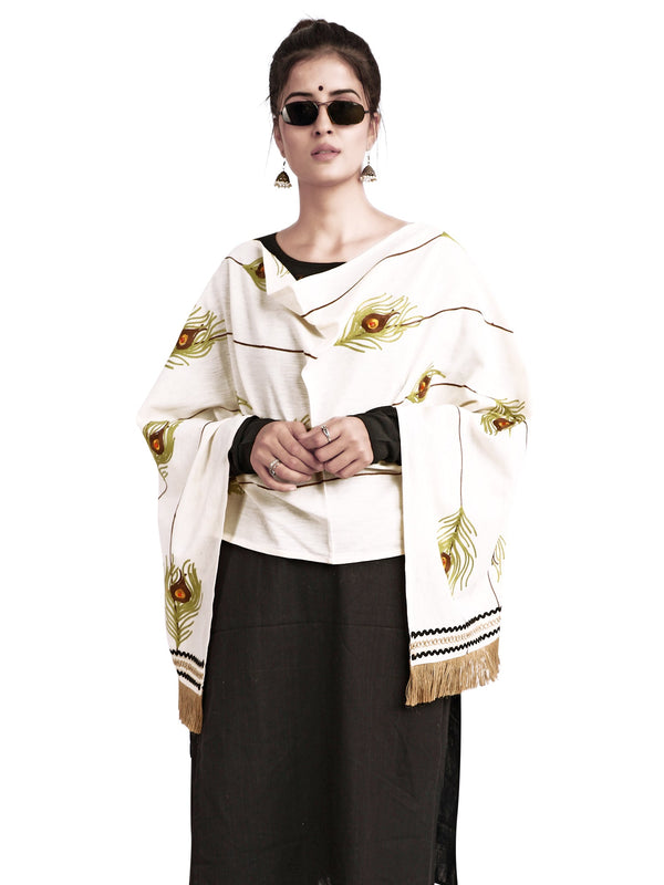 Women's  Pure Khadi Off White Peacock Feather Embroidered stole - MESMORA FASHION