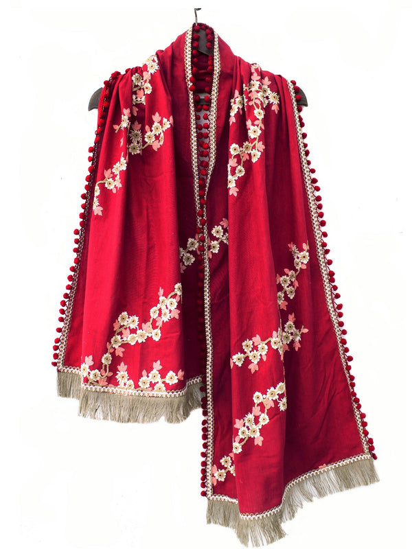 Women's  Pure Khadi Blood Red Embroidered stole or Dupatta - MESMORA FASHION