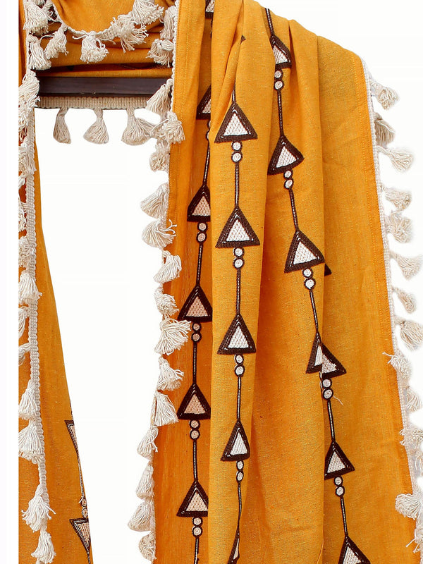 Women's  Pure Khadi Mustured stole or Dupatta with Off White Tassel Lace - MESMORA FASHION