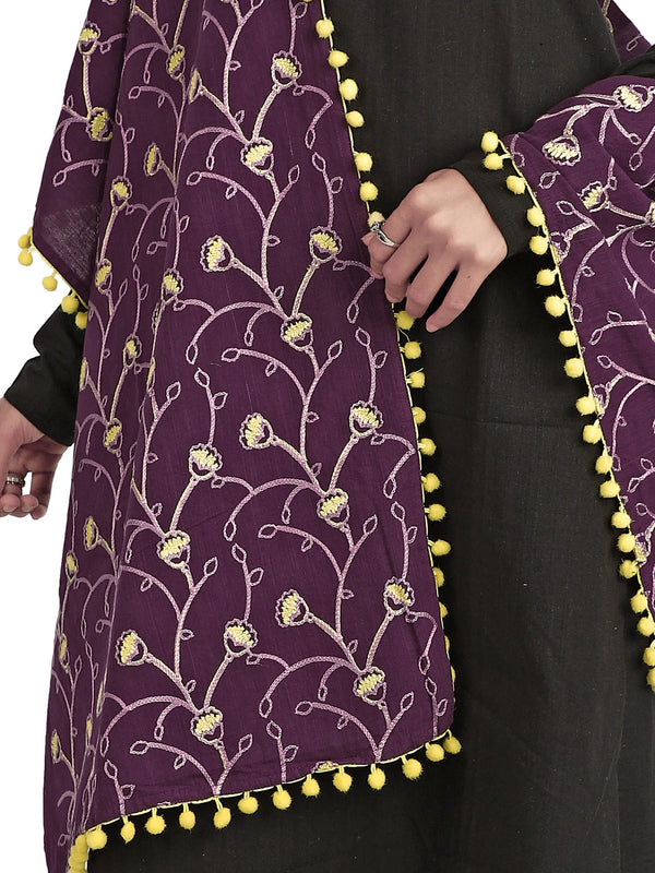 Women's  Purple Khadi Dupatta or stole With Yellow Pompom - MESMORA FASHION