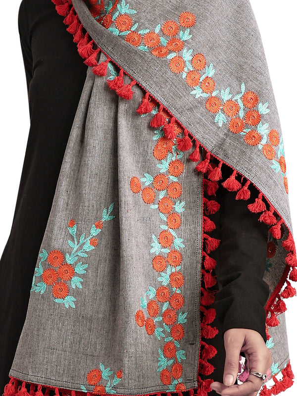 Women's  Pure Khadi Floral Embroidered Dupatta With Tassel Lace - MESMORA FASHION