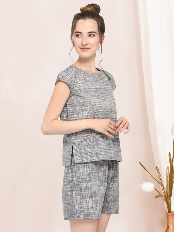 Women's Grey Slub cotton short night suit set(2 pieces) - MESMORA FASHION