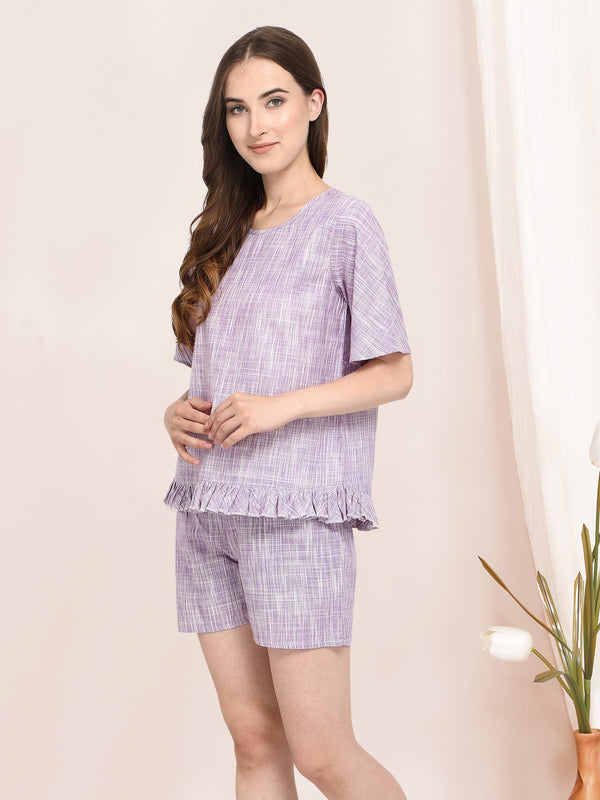 Women's Lavender Cotton short  night suit set(2Pieces) - MESMORA FASHION