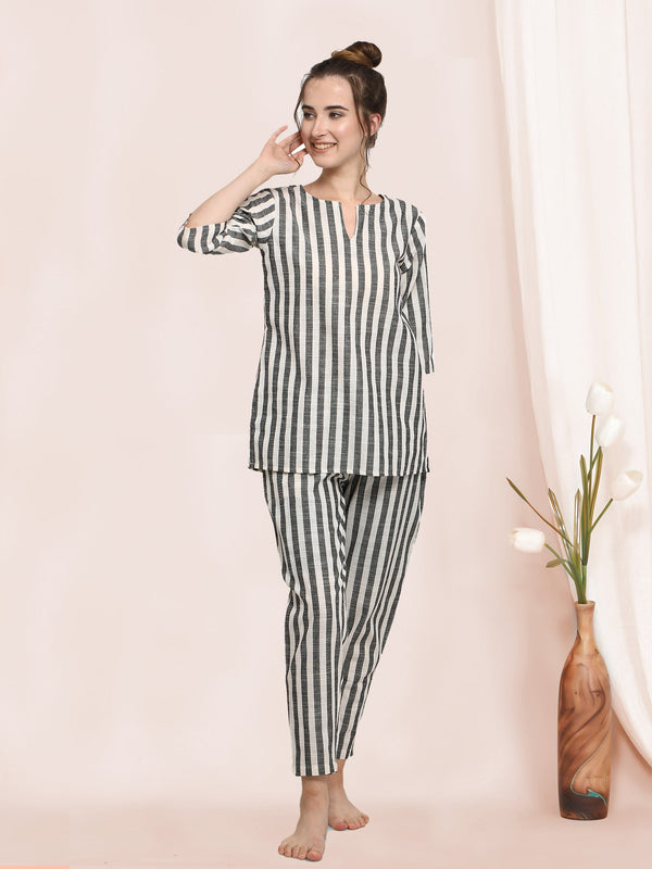 Women's Stripe Grey Pure Cotton Pajama Lounge Wear - MESMORA FASHION