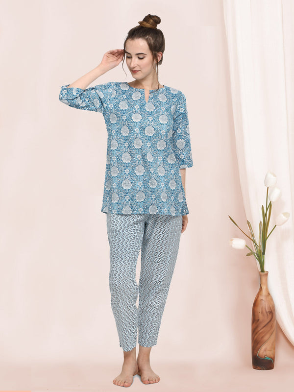 Women's White Rose Pure Cotton Printed Pajama Set  - MESMORA FASHION