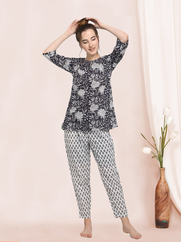 Women's White Rose Black Beauty Printed Pajama Set - MESMORA FASHION