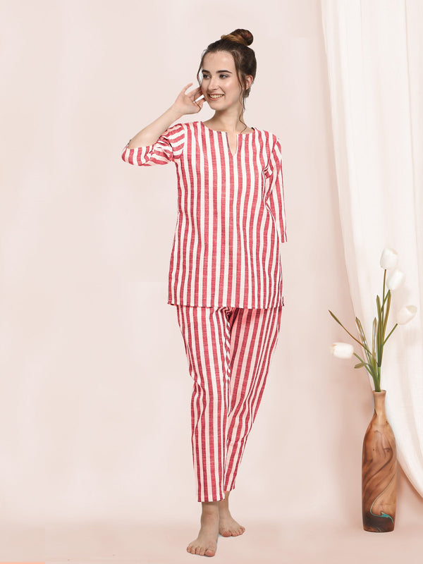 Women's Red Stripe Pure Linen Summer Pajama Set - MESMORA FASHION