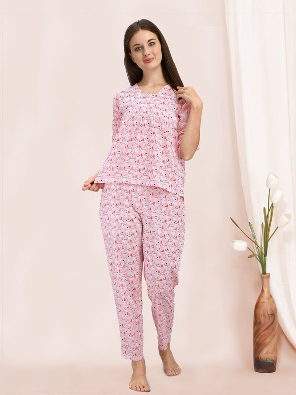 Women's Pink Flamingo Quirky Cotton Nightsuit - MESMORA FASHION