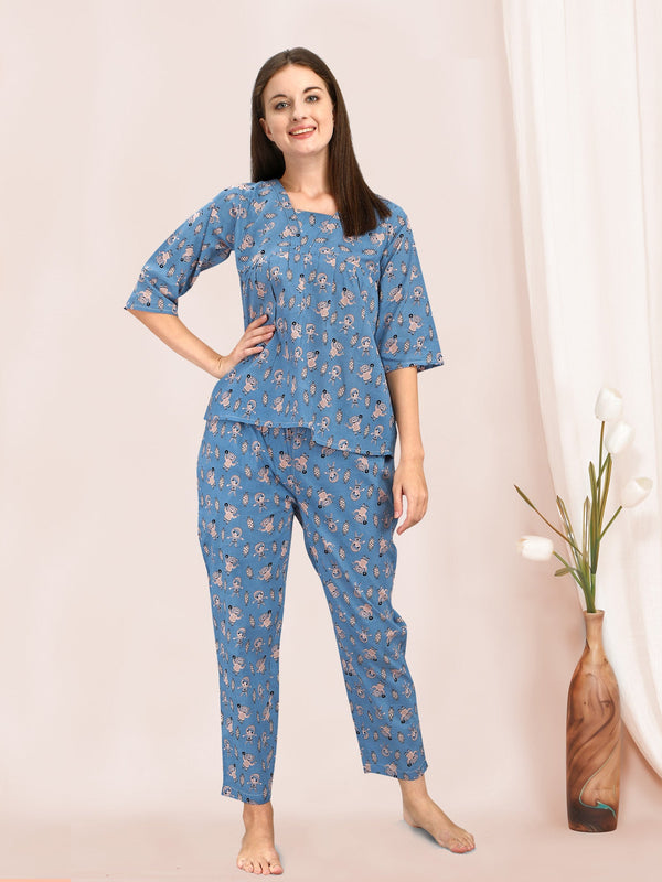 Women's Blue Quirky Space Print Cotton Night Suit - MESMORA FASHION