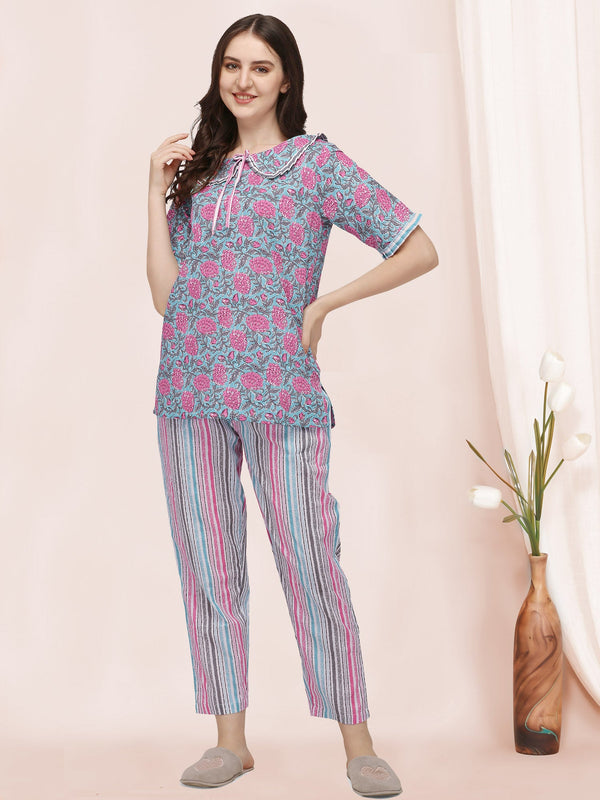 Women's Sky And Pink Floral Hand Block Printed Cotton Pajama Suit Set - MESMORA FASHION