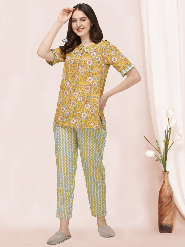 Women's Mango Yellow Handblock Printed Cotton Pajama Suit Set - MESMORA FASHION